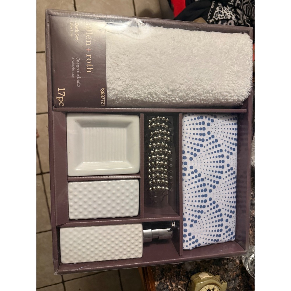 Allen + Roth 17pc Bath Set Blue White Shower Curtain‎ Rug Ceramic Decor #3637721